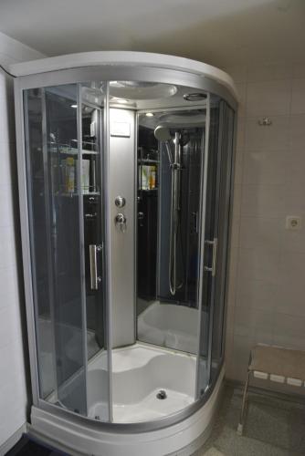 a shower with a glass enclosure in a bathroom at Apartment rent in Nida