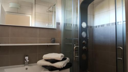 La salle de bains est pourvue d'une douche, d'un lavabo et de serviettes. dans l'établissement Résidence TROUVILLE, à Châtelaillon-Plage