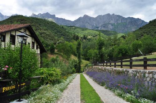 a garden with purple and white flowers next to a building at Posada San Pelayo in Camaleño