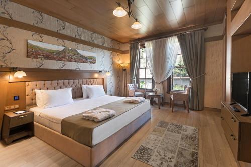 a bedroom with a large bed and a television at Sarıkonak Boutique & Spa Hotel Amasya in Boğazköy