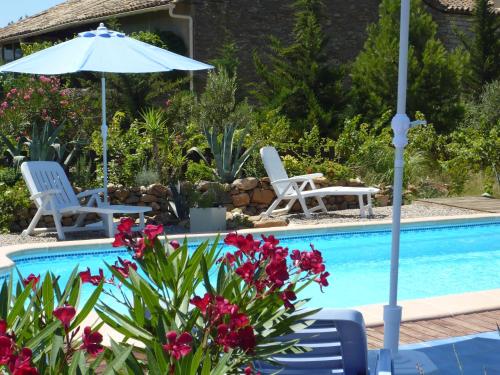 - une piscine avec des chaises, un parasol et des fleurs dans l'établissement La Lucques Masabelle, à Mirepeisset