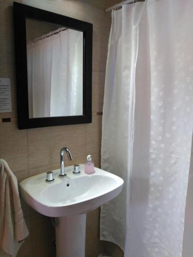 a bathroom with a sink and a shower curtain at Nothofagus Bed & Breakfast in El Chalten
