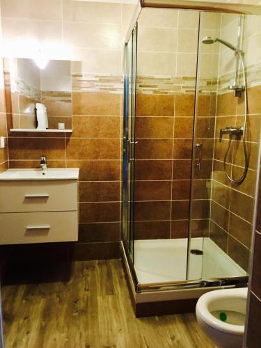 une salle de bain avec une douche, un lavabo et des toilettes dans l'établissement Chez marinette, à Le Cailar