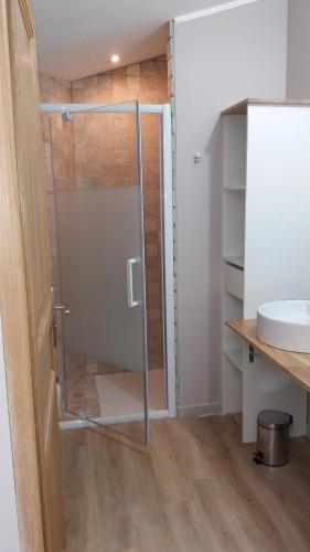 baño con ducha y puerta de cristal en Gite des Alexandrins, en Uzès