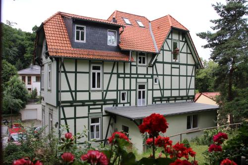 a black and white house with red roof at Pension Ginko in Wernigerode