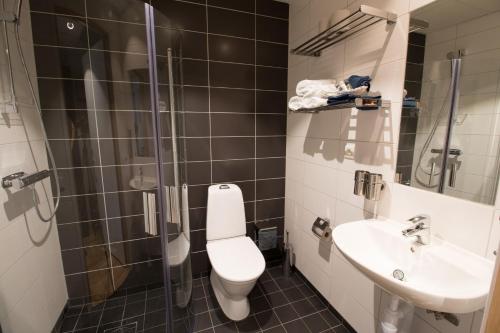 a bathroom with a toilet and a sink and a shower at Spoton Hotel in Gothenburg