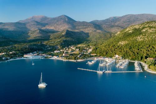 an aerial view of a harbor with a boat in the water at Apartments Villa D&D in Slano