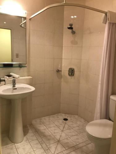 a bathroom with a shower and a sink and a toilet at Pacific Harbour Motor Inn in Gisborne