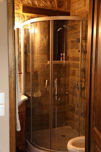 a glass shower in a bathroom with a toilet at Guesthouse Amalia in Kalesménon