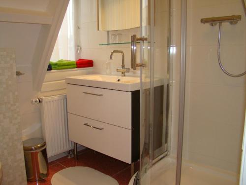 uma casa de banho com um lavatório e um chuveiro em Pension Sissi em Zandvoort