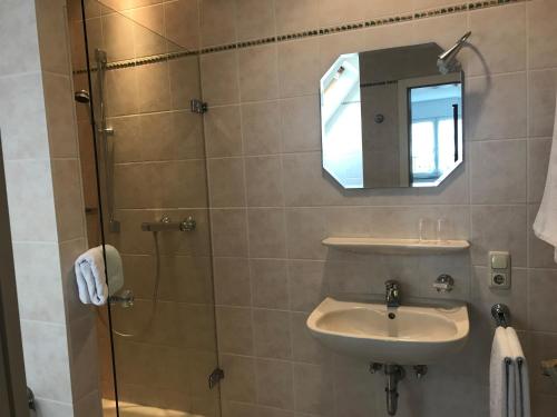 a bathroom with a sink and a shower with a mirror at Gästehaus Sebastiani in Mehring