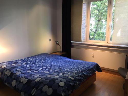 Un dormitorio con una cama con edredón azul y una ventana. en Gachard, en Bruselas