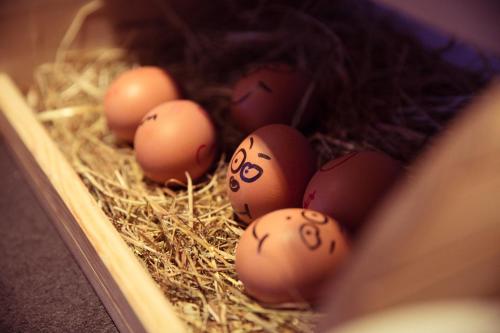 a bunch of eggs are sitting in a nest at Designhotel Sonnhof by Vitus Winkler in Sankt Veit im Pongau