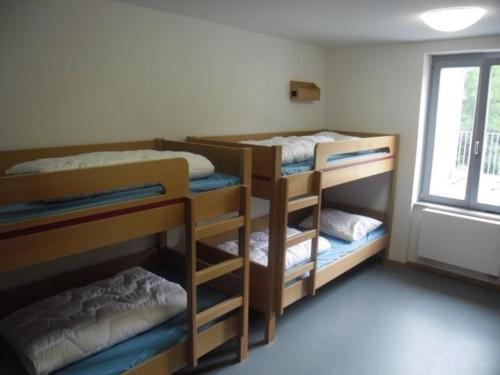 three bunk beds in a room with a window at DJH Jugendherberge Mannheim International in Mannheim