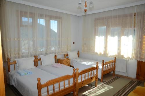 2 Betten in einem Schlafzimmer mit 2 Fenstern in der Unterkunft Kristal Guest House in Trigrad