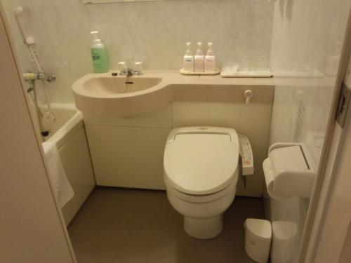 La salle de bains est pourvue de toilettes blanches et d'un lavabo. dans l'établissement Higashi Hiroshima Green Hotel Morris, à Higashihiroshima