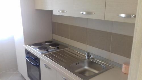 a small kitchen with a sink and a stove at Apartments Delić in Nikšić