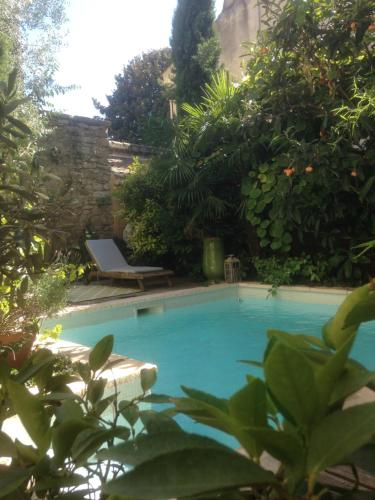 - une piscine dans une cour ornée de plantes dans l'établissement Rose-INN appartement, à Orange