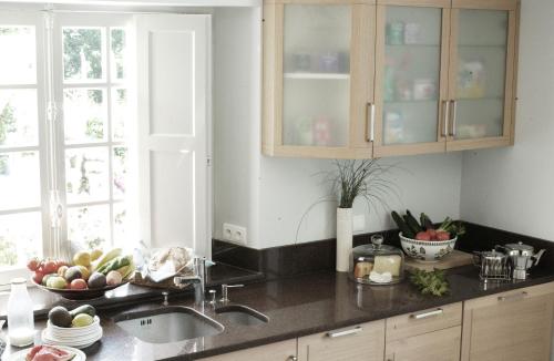 a kitchen counter with a sink and a bowl of fruit at Clos Mirabel Manor - Holiday rental in Jurançon