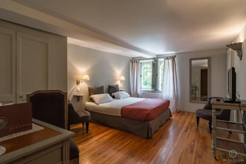 a bedroom with a bed and a desk and a television at Hôtel Restaurant Spa Le Sauvage in Besançon