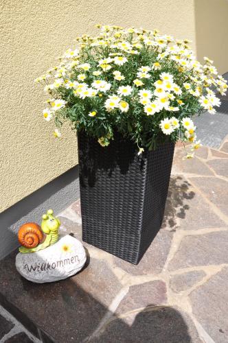 eine schwarze Vase voller gelber Blumen auf dem Bürgersteig in der Unterkunft Haus Leo in Westendorf