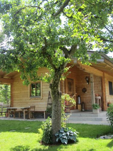 a tree in front of a wooden house at Ferienhaus Mandlhof in Weer