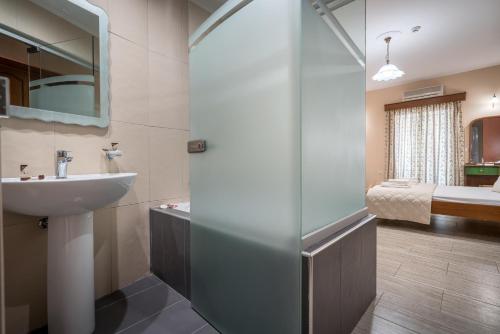 a bathroom with a sink and a mirror at Denise Beach Hotel in Laganas