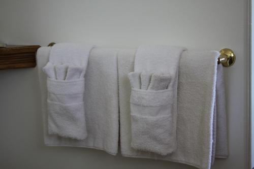three towels hanging on a towel rack in a bathroom at Sleep For Less Motel in Sidney