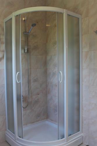 a shower with a glass enclosure in a bathroom at Villa Eva in Radanovići