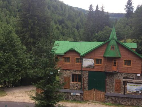 a large wooden house with a green roof at Krasa Karpat in Snidavka