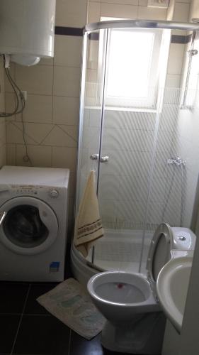 a bathroom with a shower and a toilet and a sink at Apartman Zoja in Mali Lošinj