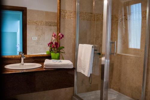 a bathroom with a shower and a sink and a mirror at Complex Adal in Eforie Nord