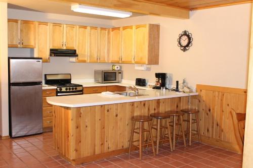 a kitchen with wooden cabinets and a stainless steel refrigerator at Mount Shasta Resort in Mount Shasta