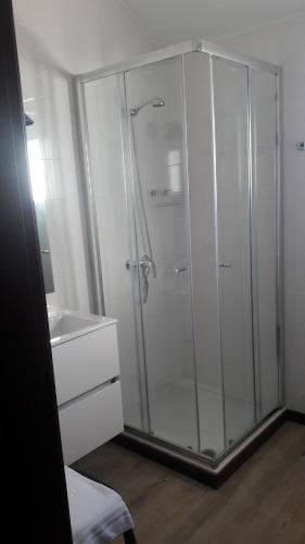 a bathroom with a shower and a sink at Agro-Turismo Herdade do Carneiro in Escoural