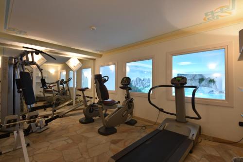 a gym with several tread machines in a room with windows at Residence Pez Gajard in San Martino di Castrozza