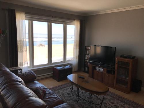 a living room with a couch and a flat screen tv at Les pieds dans le sable in Chambord