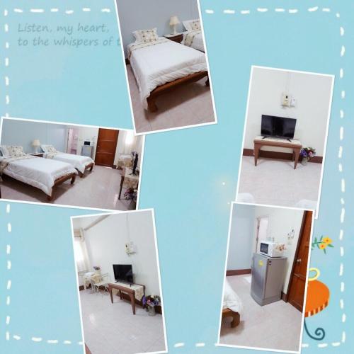 a collage of pictures of a room with a bed and a refrigerator at Chanathinat Place in Udon Thani