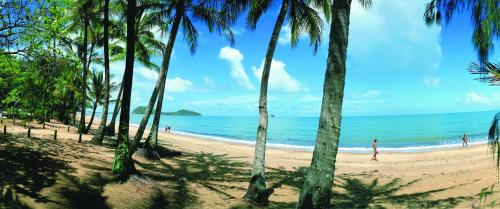 a beach with palm trees and palm trees at NRMA Cairns Holiday Park in Cairns