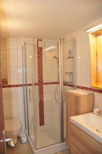 ein Bad mit einer Dusche, einem WC und einem Waschbecken in der Unterkunft Haus Tesch in Timmendorfer Strand