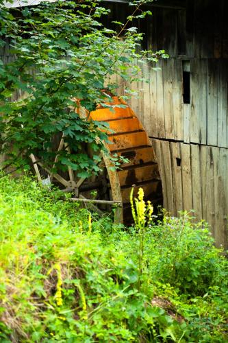 an old wagon sitting next to a wooden building at Pension Pîrîu' Morii in Gura Humorului