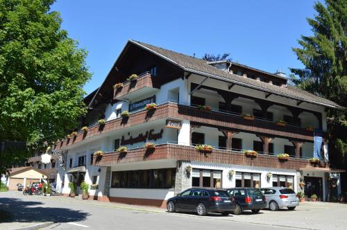 a large building with cars parked in front of it at Alemannenhof Hotel Engel in Rickenbach