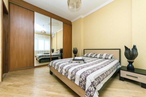 a bedroom with a large bed and a mirror at Apartment on Khreshchatyk in Kyiv