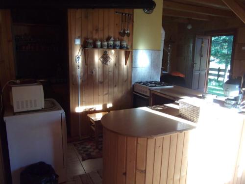 a kitchen with a stove and a counter top at Any Kulcsosház in Sicasău