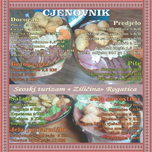 a menu for a restaurant with a bunch of food at Seoski turizam Ziličina Rogatica in Rogatica