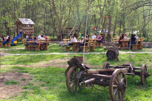 an old wagon sitting in the grass with a group of people at Seoski turizam Ziličina Rogatica in Rogatica