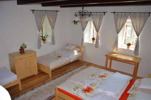 a bedroom with two beds and two windows at Cicahegy Vendégház in Tápióság