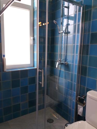 a bathroom with a glass shower with a toilet at Casa dos Azulejos in Lisbon