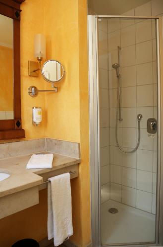 a bathroom with a shower and a sink at Stadthotel Herzog Ludwig in Landshut