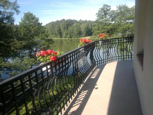 a balcony with flowers and a view of a lake at Hotel Nidzki in Ruciane-Nida