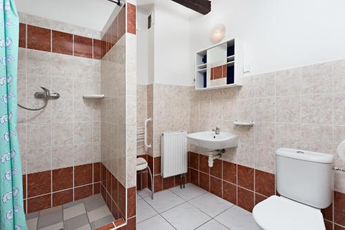 a bathroom with a toilet and a sink at Penzion Hotel Morrison in Pilsen